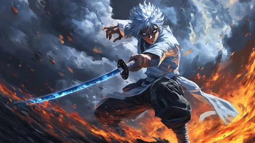 Storm-eyed swordsman dancing between fire and thunder skies.