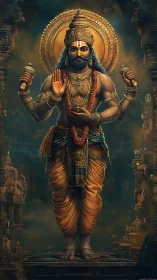 Radiant temple guardian stands wrapped in molten gold silence