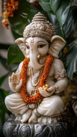 Marble Ganesha sculpture with garland rendered in high detail