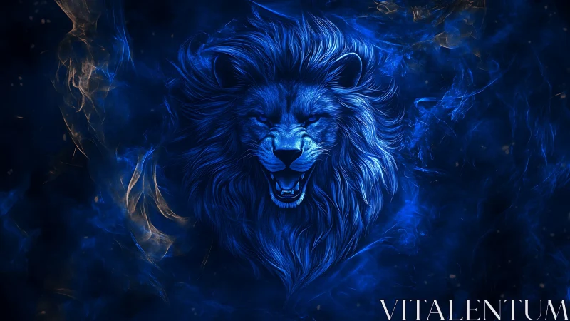 Midnight blue lion roaring through swirling cosmic smoke.