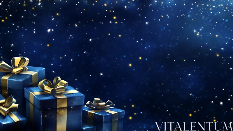 Blue gift boxes with golden ribbons glow against starry bokeh sky