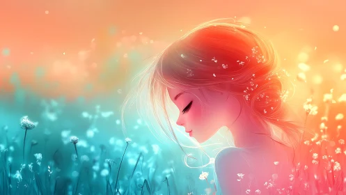 Dreamy profile portrait in glowing pastel meadow light.