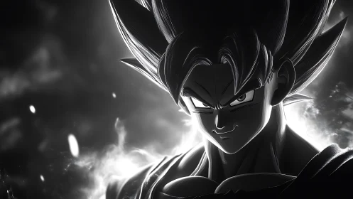 Monochrome anime warrior rendered with dramatic rim lighting