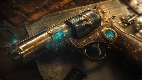 Arcane brass revolver glows with engraved etheric runes.