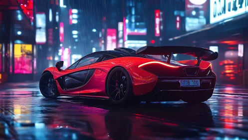 Neon-soaked supercar prowls a rain-slicked cybercity night.