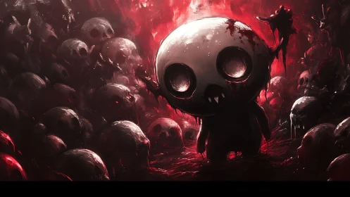 Bleeding skull-headed creature in field of red skulls.