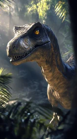 Velociraptor close-up in misty jungle light rays.