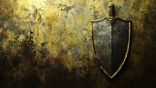 Weathered steel shield on distressed golden plaster wall