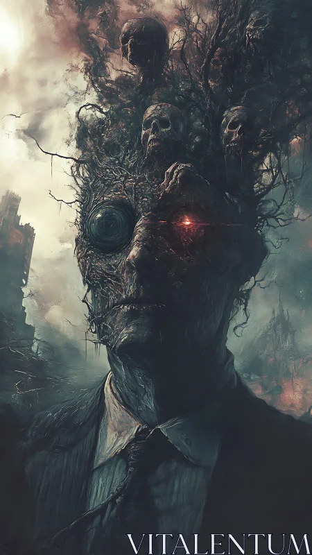 Cyborg necrotic figure with cranial skull growths and red optic