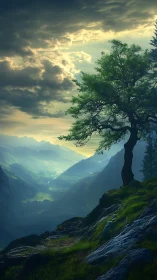 Backlit solitary tree crowns a steep valley at atmospheric dusk