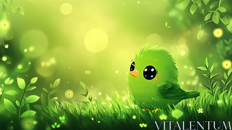 Cute Fluffy Green Bird in Lush Cartoon Forest, Soft Glow Art.