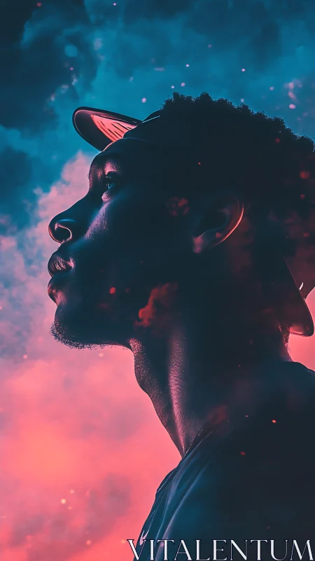 Profile portrait in neon pink and blue dramatic lighting.