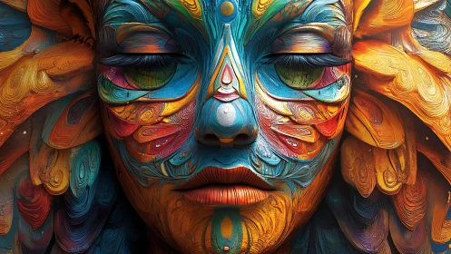 Surreal painted face dissolves into swirling cosmic feathers