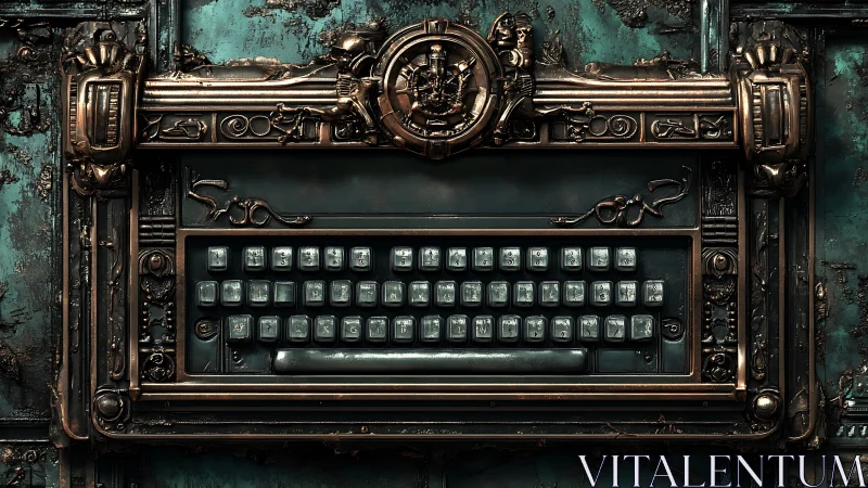 Steampunk story keyboard framed in ornate bronze metal.