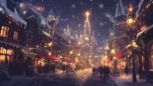 Snowlit old-town boulevard shimmers beneath festive constellations