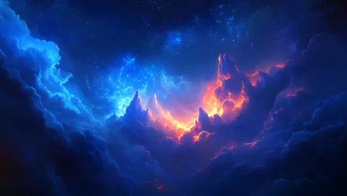 Luminous cosmic clouds with blue and orange nebula forms.
