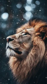 Photorealistic lion portrait in vertical bokeh composition.