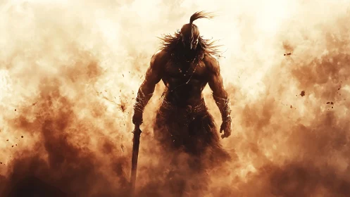 Lone warrior strides through swirling sand and blazing light