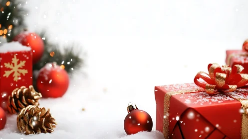 Snowy red Christmas gifts glow with cozy holiday charm