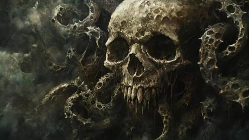 Eroded necrotic skull emerging through decayed void forms.