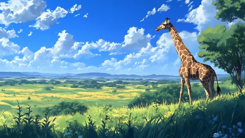 Sky-height daydream giraffe surveying sunlit savanna horizon.