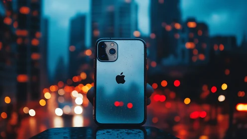 Modern iPhone Glowing in the City Lights.