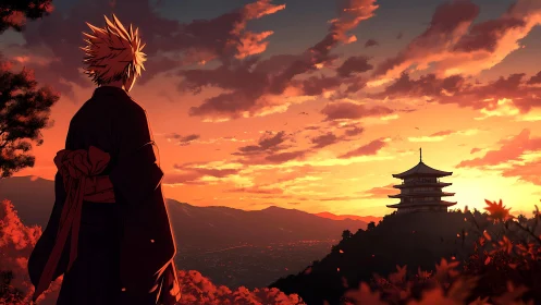Figure in kimono observing distant pagoda at sunset horizon.