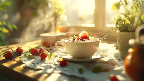 Sunlit strawberry breakfast bowl on a cozy garden table.