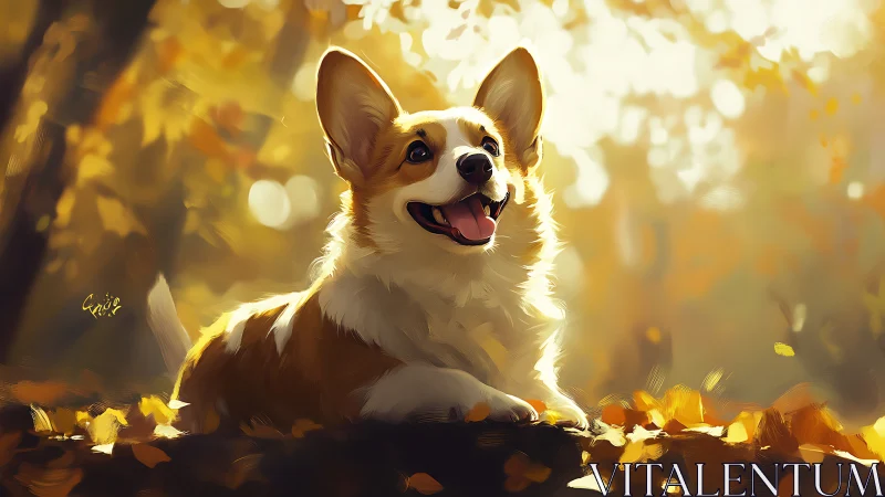 Happy corgi rests in golden autumn forest light