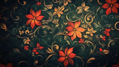 Ornamental Floral Composition with Red and Golden Accents on Dark Teal Background