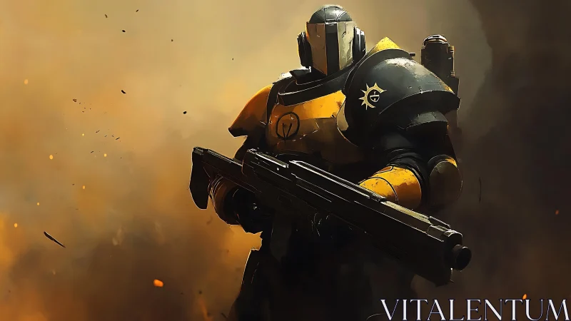 Armored sci fi soldier advances through burning battlefield.