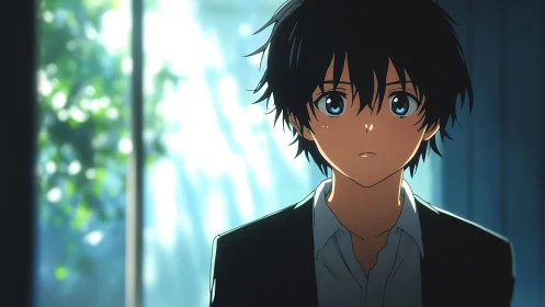 Anime boy stands indoors under diffused window light