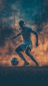 Soccer player controls ball amid dramatic evening backlight