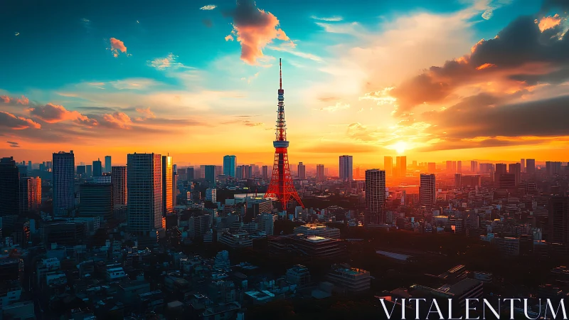 Tokyo urban skyline surrounds red tower at vivid sunset