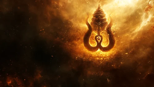 Symbolic trident form is rendered in luminous orange plasma