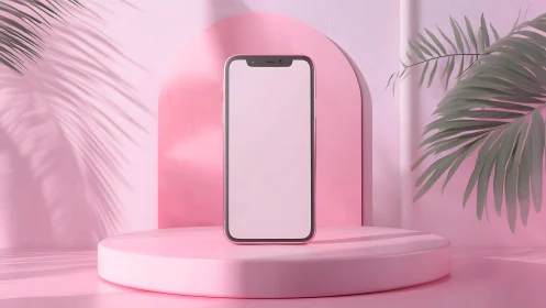Modern smartphone on pink podium with tropical leaves, 3D style.
