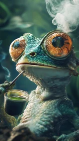 Wide-eyed frog savors a steaming cup in a dreamy forest