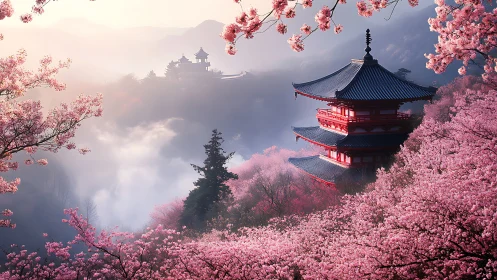 Misty mountain pagoda amid luminous cherry blossoms at dawn.