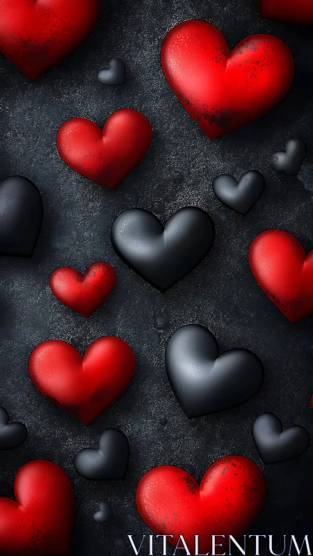 Three-Dimensional Rendered Hearts with Metallic Surface Textures Against Textured Stone Background