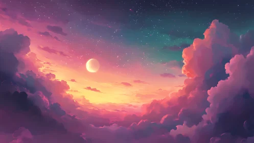 Digital skyscape renders crescent moon amid stratified clouds