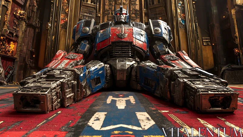 Colossal battle-worn mech resting in ornate steel hall.