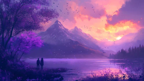 Mountain Sunrise Over Mystical Lake with Silhouetted Observers