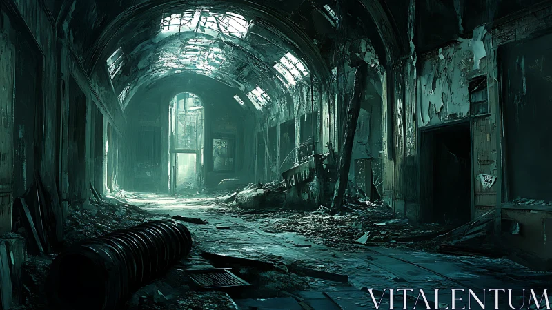 Post-apocalyptic corridor concept art with vaulted decay lighting.