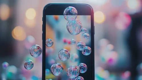Soap bubbles drift through a neon-kissed smartphone portal