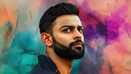 Intense male portrait against vivid gradient ink backdrop.