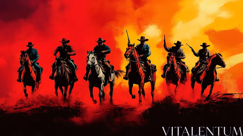 Silhouetted gunslingers on horseback against blazing red sky
