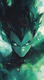 Emerald-eyed elemental warrior in swirling teal energy field.