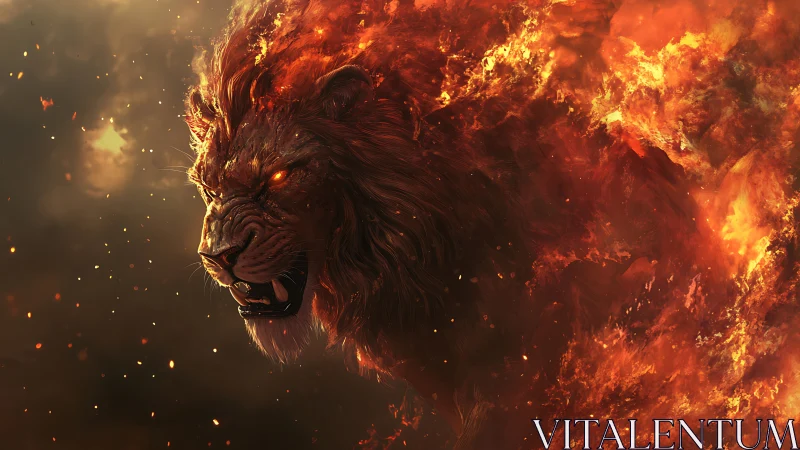 Fiery lion spirit emerging boldly from swirling flames.