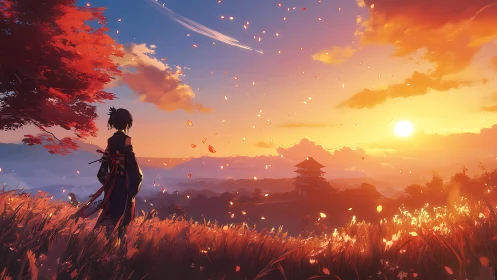 Samurai silhouette observing vermilion sunset over pagoda.