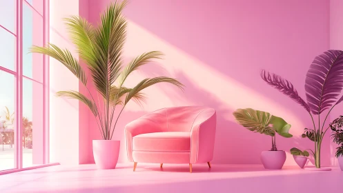 Pink velvet armchair anchors sunlit tropical interior